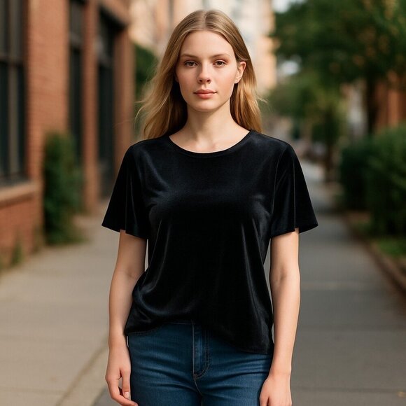 Ann Taylor Black Velvet Short Flutter Sleeve Round Neck Blouse Size Medium - Picture 1 of 7